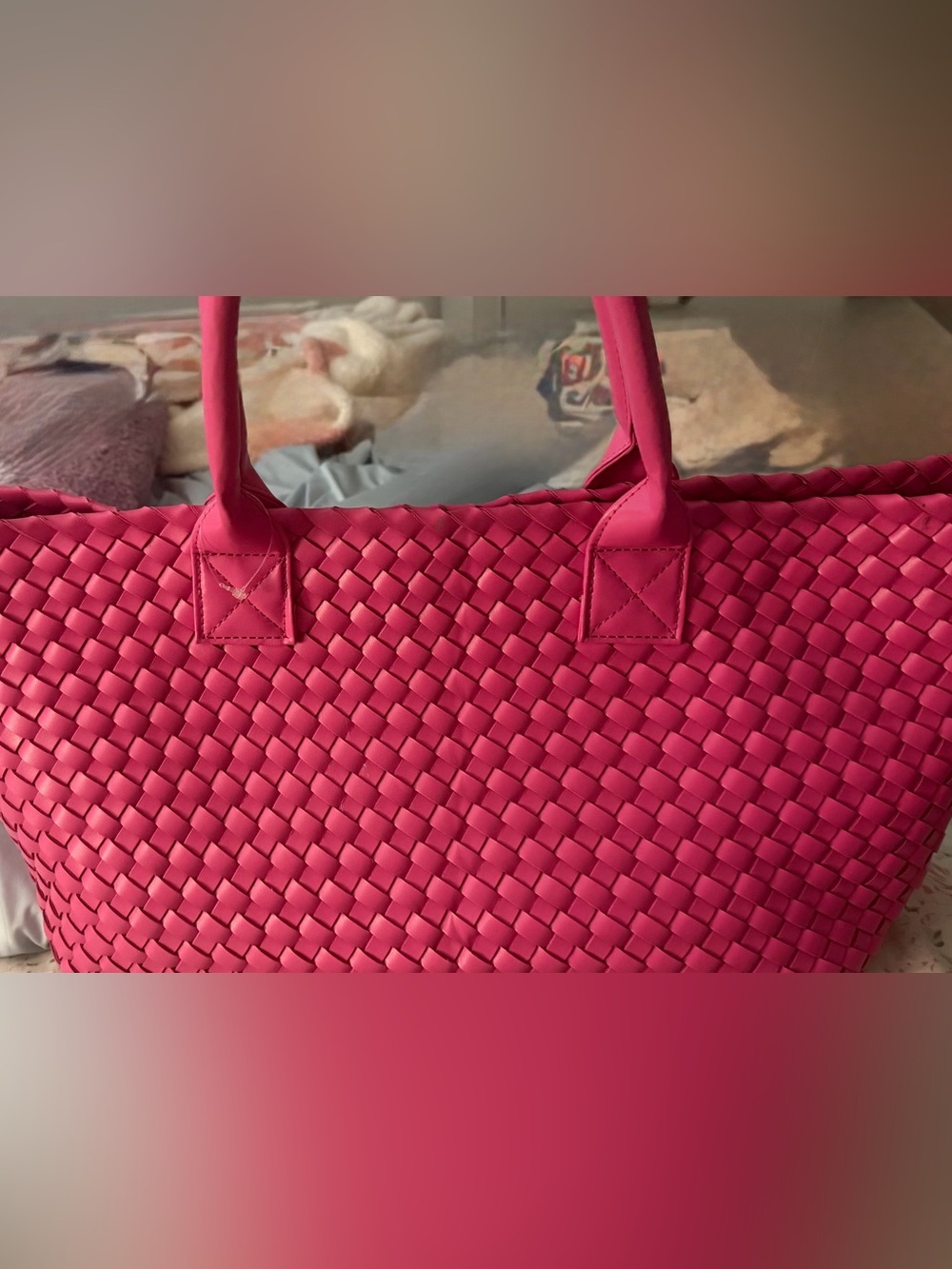 Bright Pink Woven Tote Bag with Top Handles